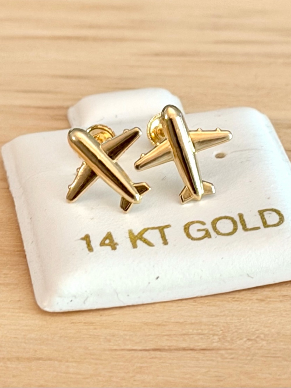 14K Solid Gold Airplane Earring With Screw Back Bell Backing Ball